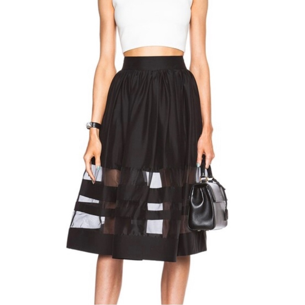 Alice + Olivia Black A-Line Midi Skirt with Pleated Cut-Outs